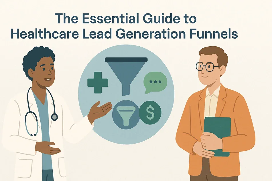 Cover illustration for "The Essential Guide to Healthcare Lead Generation Funnels": a doctor and a consultant in a mustard jacket around a funnel with a medical cross, a chat bubble and a dollar sign