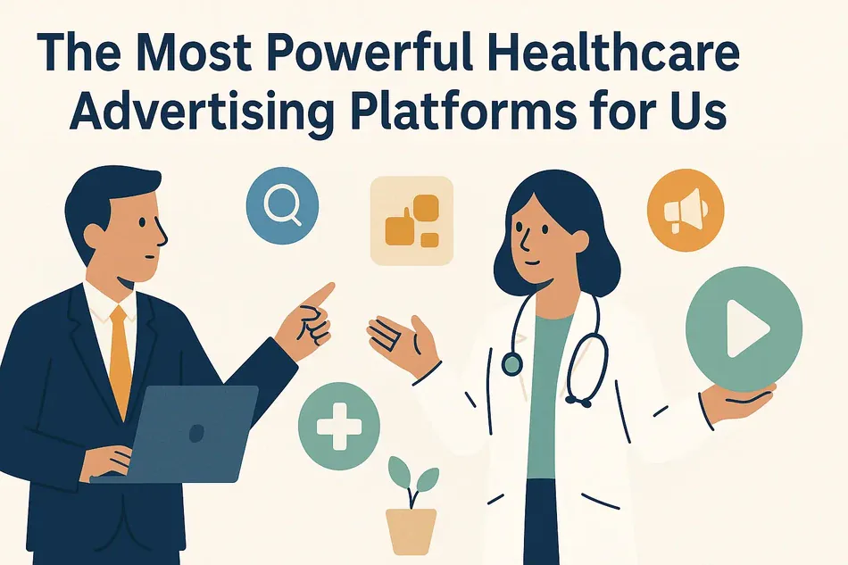 Cover illustration for "The Most Powerful Healthcare Advertising Platforms for Us": a consultant at a laptop and a doctor among a magnifier, an app grid, a megaphone, a play button and a medical cross