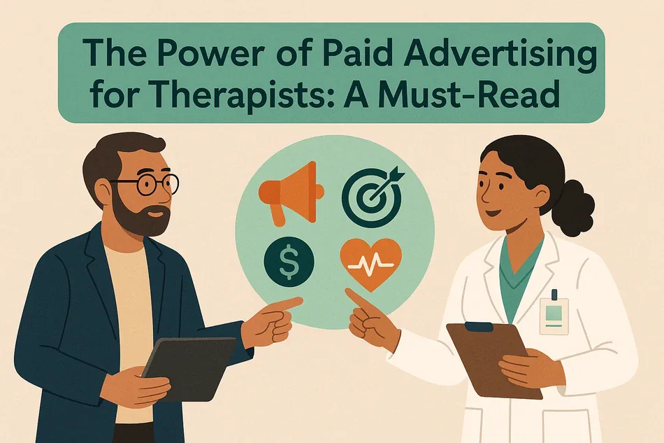 Cover illustration for "The Power of Paid Advertising for Therapists: A Must-Read": a consultant with a tablet and a therapist around a circle with a megaphone, a target, a dollar sign and an ECG heart