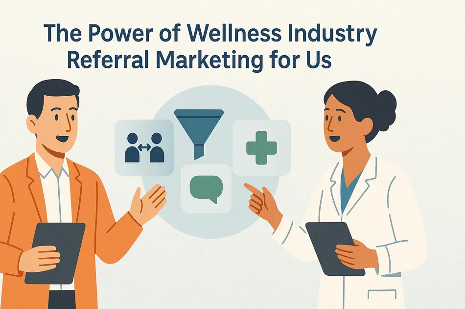 Cover illustration for "The Power of Wellness Industry Referral Marketing for Us": a consultant in an orange jacket and a doctor around a circle with user icons, a funnel, a chat bubble and a cross