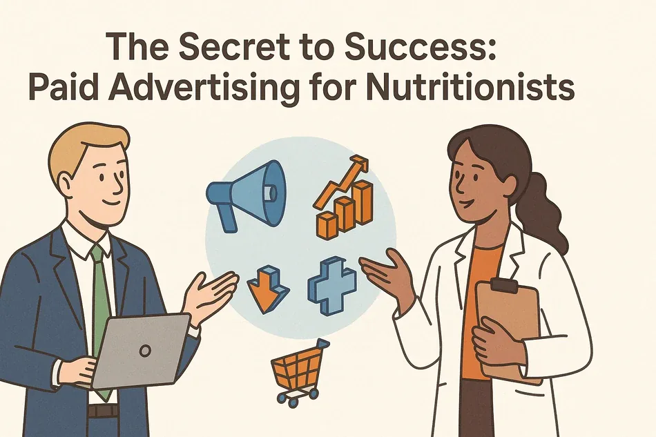 Cover illustration for "The Secret to Success: Paid Advertising for Nutritionists": a consultant at a laptop and a nutritionist with a folder among a megaphone, a chart, a medical cross and a shopping cart