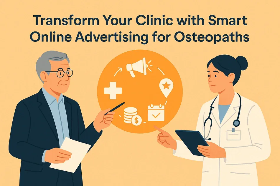 Cover illustration for "Transform Your Clinic with Smart Online Advertising for Osteopaths": a senior clinician pointing at an orange circle with a megaphone, map pins and a cross, and a doctor with a tablet on a yellow background