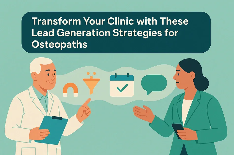 Cover illustration for "Transform Your Clinic with These Lead Generation Strategies for Osteopaths": a senior clinician and a doctor on a green background among a magnet, a funnel, a checked calendar and a chat bubble