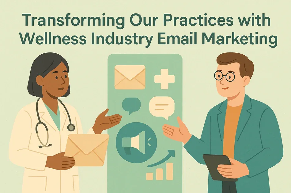 Cover illustration for "Transforming Our Practices with Wellness Industry Email Marketing": a doctor holding an envelope and a consultant with a tablet among emails, a medical cross, a megaphone and a rising chart