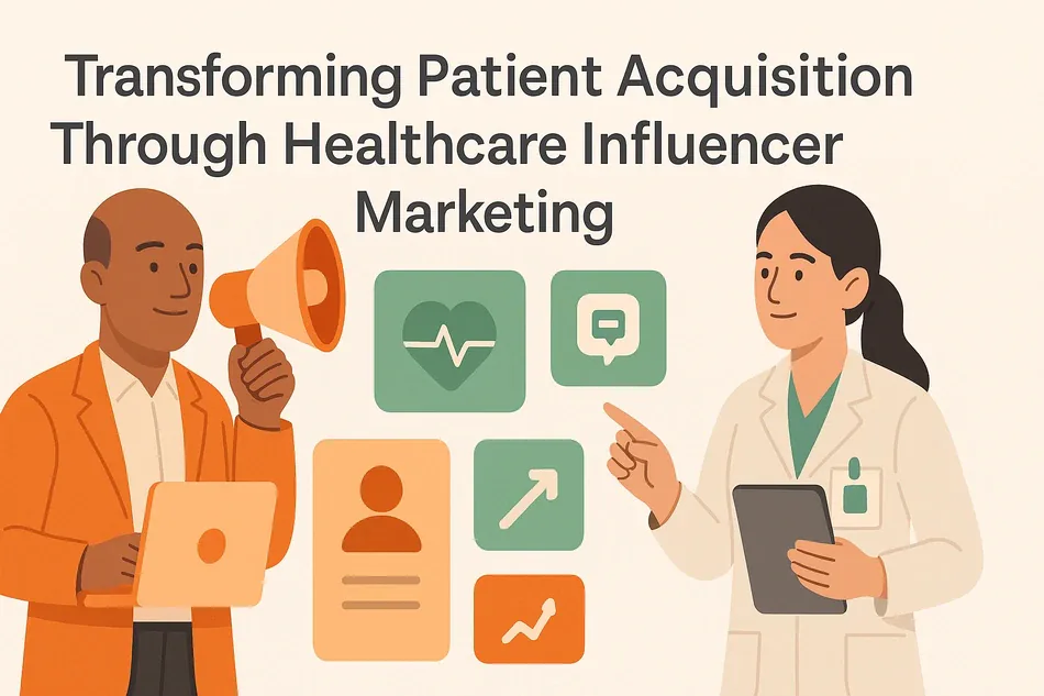 Cover illustration for "Transforming Patient Acquisition Through Healthcare Influencer Marketing": a consultant with an orange megaphone and a doctor with a tablet among ECG, chat, user-profile and chart cards