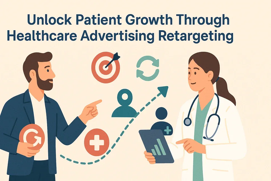 Cover illustration for "Unlock Patient Growth Through Healthcare Advertising Retargeting": a consultant with a folder and a doctor among a target, retargeting arrows, a medical cross and a chart