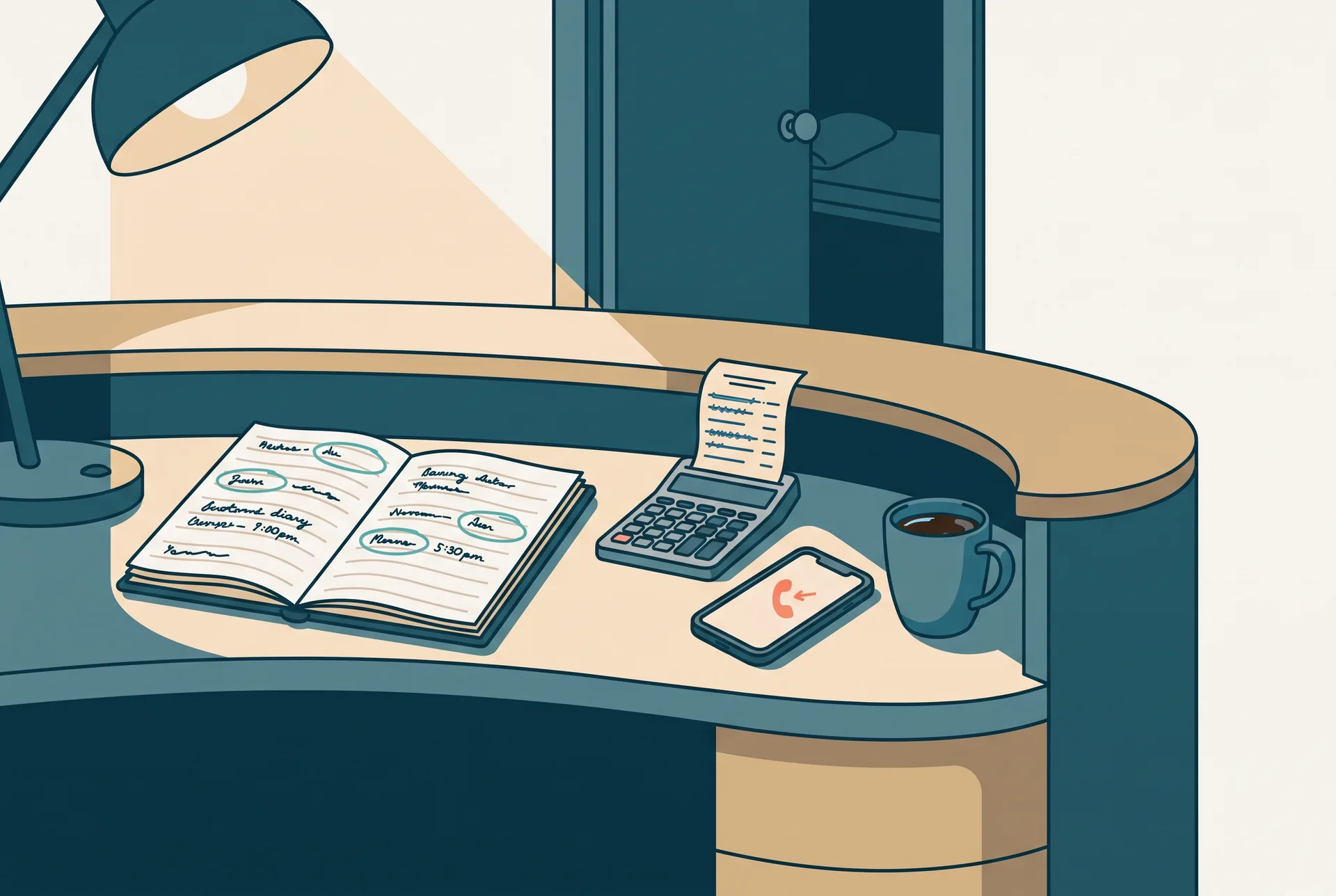 The reception desk of a small manual therapy practice at the end of the day, seen slightly from above: an open paper appointment diary with a handful of first-visit entries circled in pencil, a pocket calculator resting on a printed list of enquiries with several lines struck through, a mobile phone face up showing a missed call, a cold cup of tea beside it, warm lamplight falling from one side and the treatment room dark through the doorway behind, no people in frame