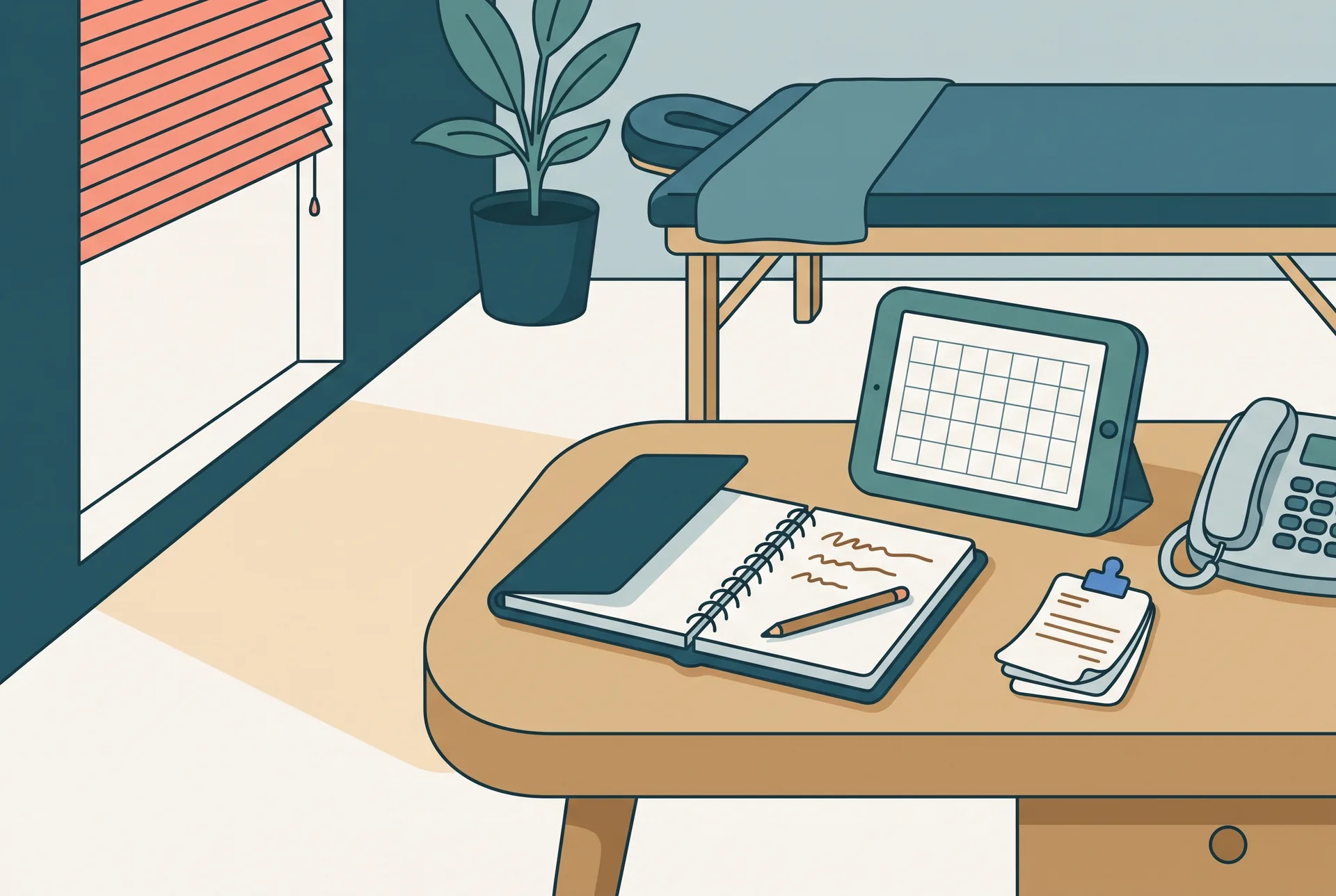 A treatment room in a small manual therapy practice, a paper appointment book left open on a side table with handwritten entries and a pencil across the page, next to it a tablet propped on a stand showing an empty weekly grid, a small stack of paper invoices held by a clip, a desk phone with its handset in the cradle, late afternoon light through a half-closed blind, no people in frame